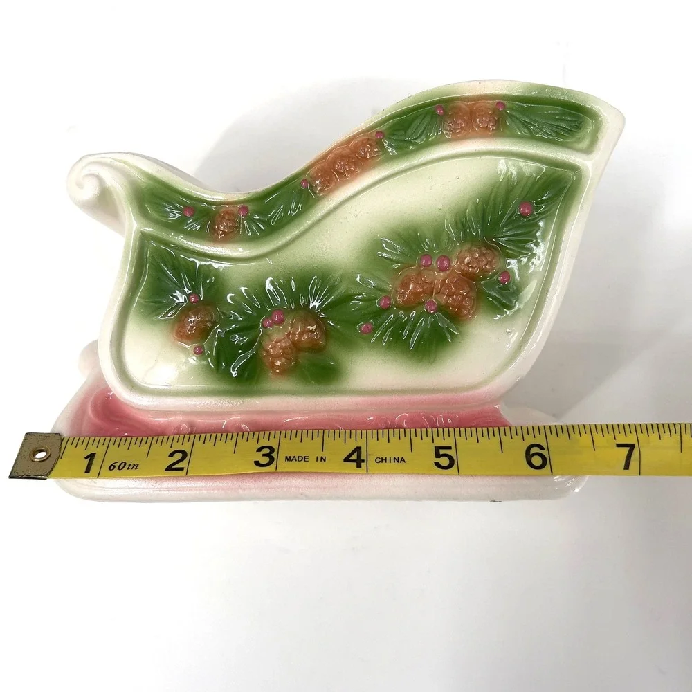 vintage Napcoware Ceramic Christmas Sleigh Planter Vase Holder Pine Cone Holiday